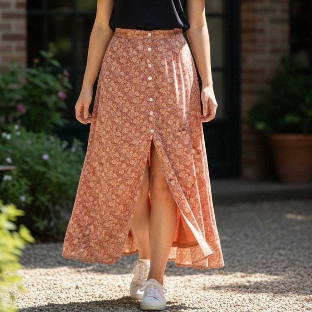 American Eagle Floral Maxi Skirt Terracotta Rust Button Front Slit Lined L NWT